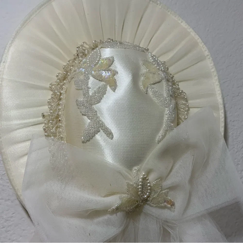 Vintage white beaded bridal hat with attachment tulle veil